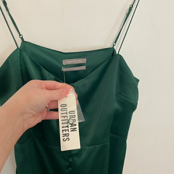 NEW NWT URBAN OUTFITTERS Padova Satin Slip Dress Emerald Green Button Front Mini - Picture 7 of 16